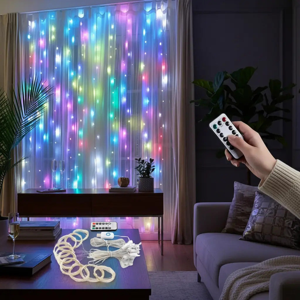Luces Led Cortina 3x3 Metros Navidad Cascada Multicolor - vista 2