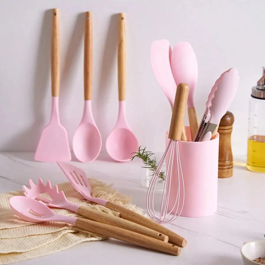 Set 12 Utensilios Cocina Silicona Antiadherente Mango Madera - vista 11