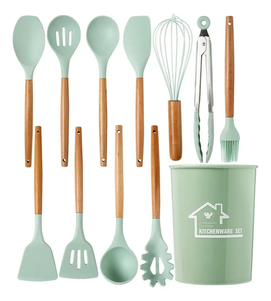 Set 12 Utensilios Cocina Silicona Antiadherente Mango Madera - vista 5
