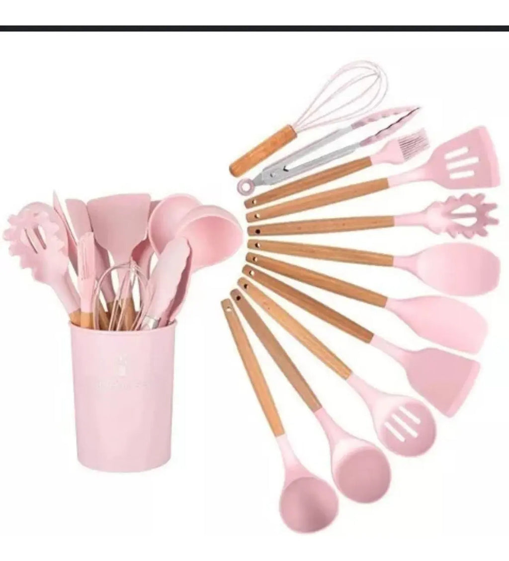 Set 12 Utensilios Cocina Silicona Antiadherente Mango Madera - vista 3