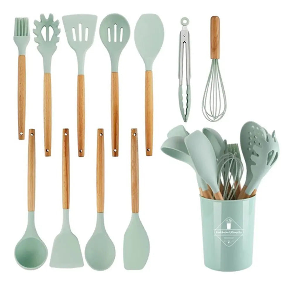 Set 12 Utensilios Cocina Silicona Antiadherente Mango Madera - vista 4